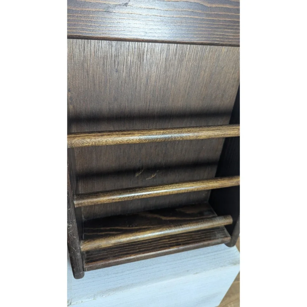 Rustic Dark Brown Wood Wall Mount Magazine Rack Arched Top Display 3 Spindle 15